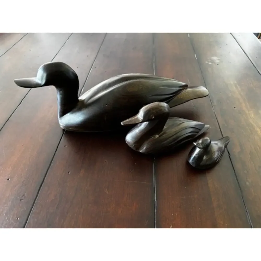 Vintage Heavy Carved Ironwood Duck Family Set of 3 Solid Wood Rustic‎ Decor